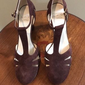 T-strap brown suede heels